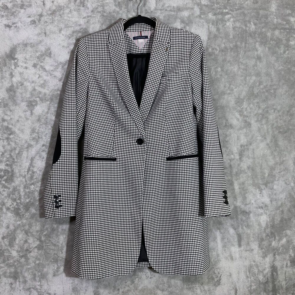 Tommy Hilfiger Blazer Women’s 8 Gingham Elbow Patch long line preppy metal logo